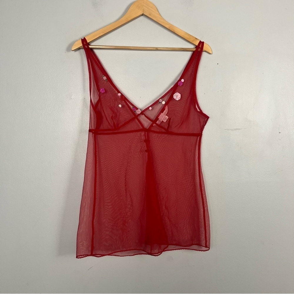 Vintage 2000s y2k red Victoria’s Secret mesh babydoll rosette  top size medium